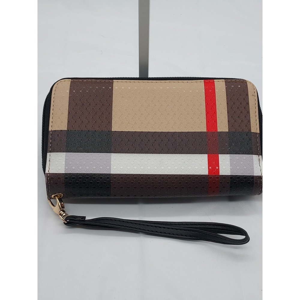 Women's Zip-Around Check Wristlet Wallet in Brown and Red